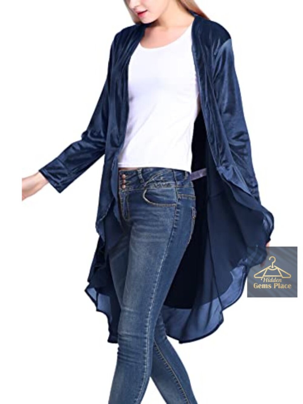 Womens Velvet Long Sleeve Cardigan Coat Open Front Asymmetric Hem